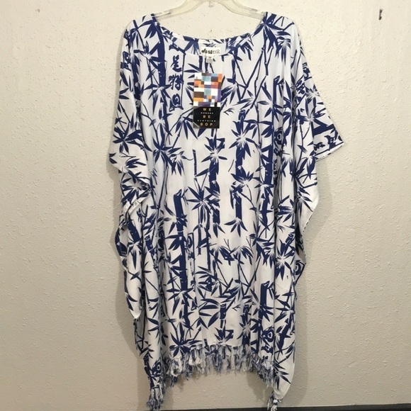 We Be Bop NWT Vintage Dead Stock Blue Bamboo Print Tunic size One size - Picture 1 of 6